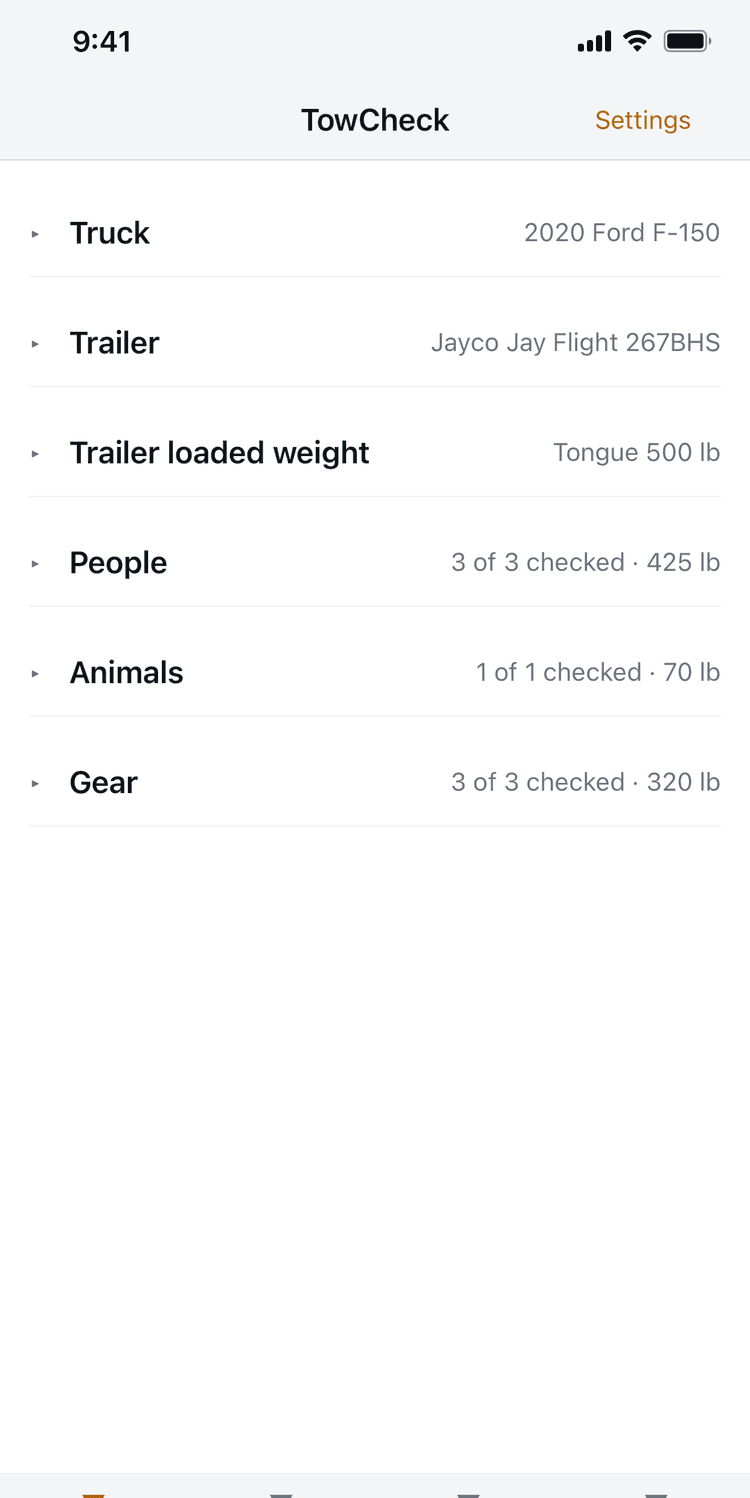 TowCheck setup screen showing truck, trailer, people, animals, and gear with their weights